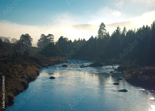 Morning mist over forest with reflection in river