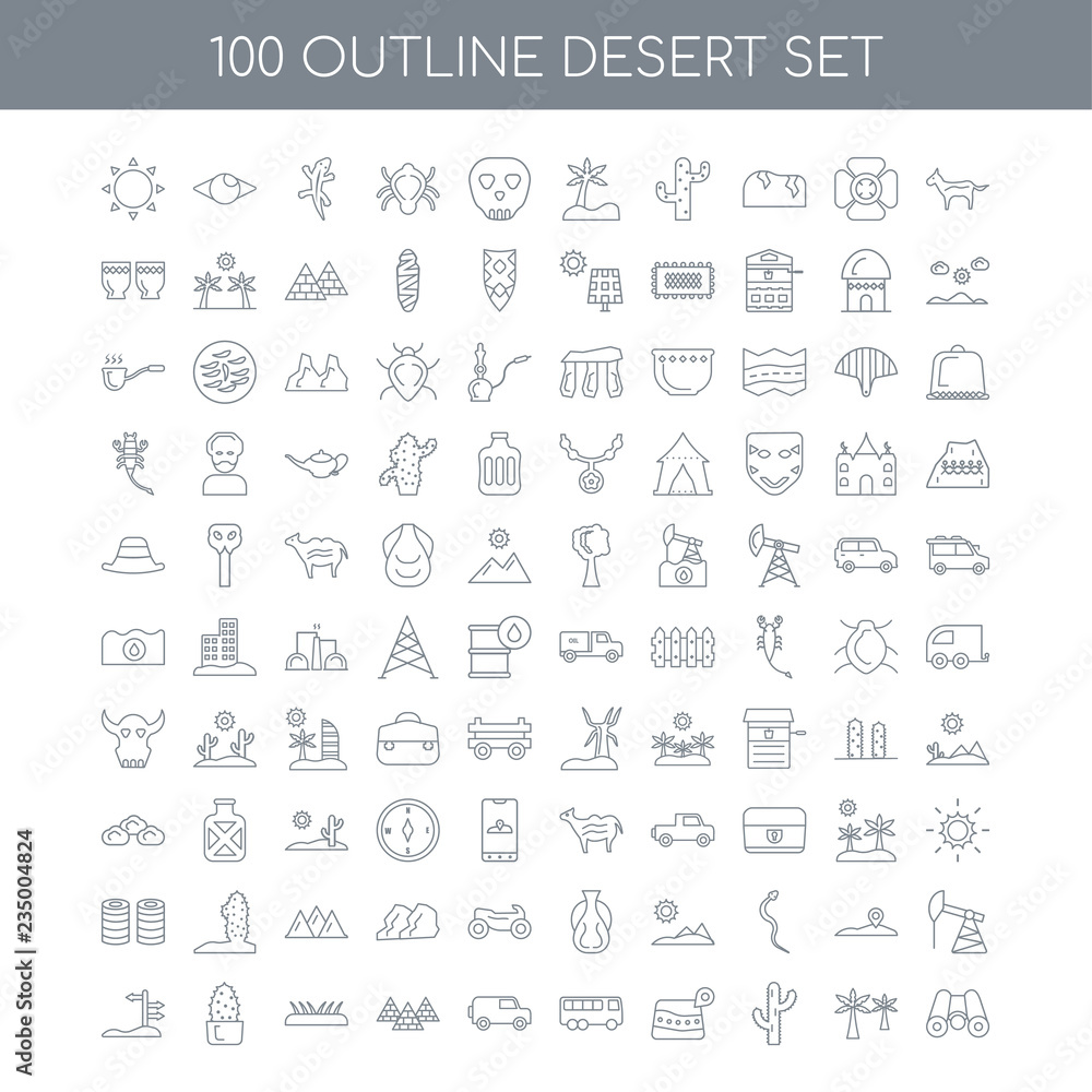 100 desert outline icons set such as Horse linear, Palm Cactus M 100 desert outline icons set such as Horse linear, Palm Cactus M