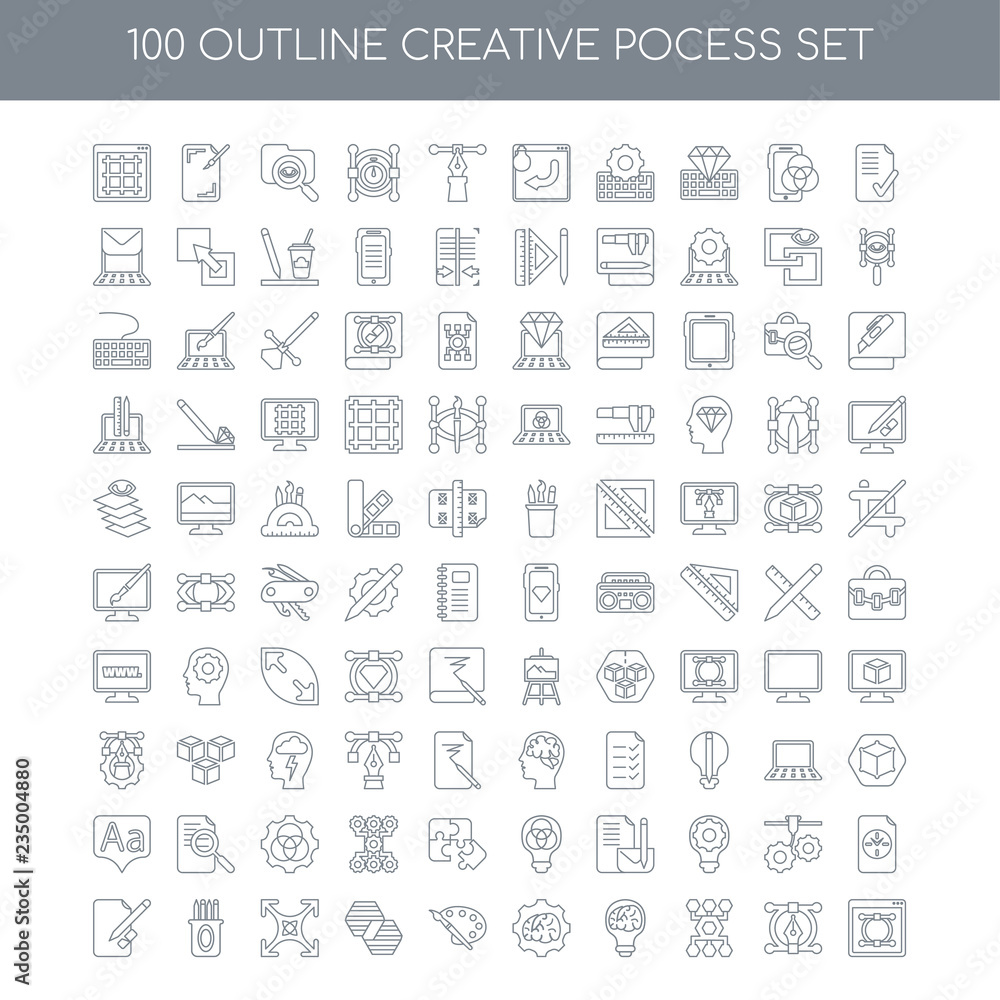 100 Creative pocess outline icons set such as Review linear, , W 100 Creative pocess outline icons set such as Review linear, , W