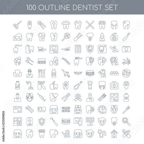 100 dentist outline icons set such as Tooth whitening linear, Ho