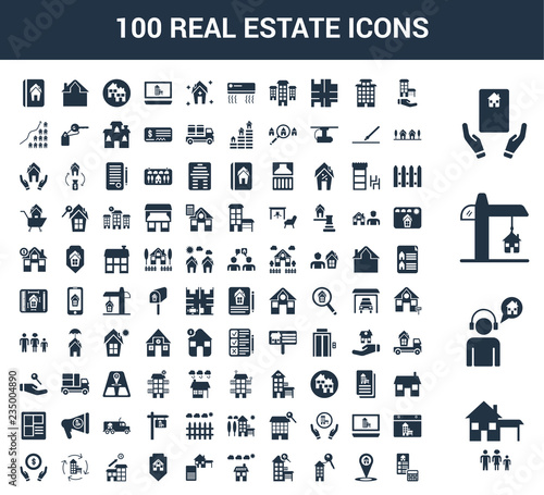 100 Real Estate universal icons set with Home, User, Construction, Deal, House, Placeholder, House key, Solar panel,