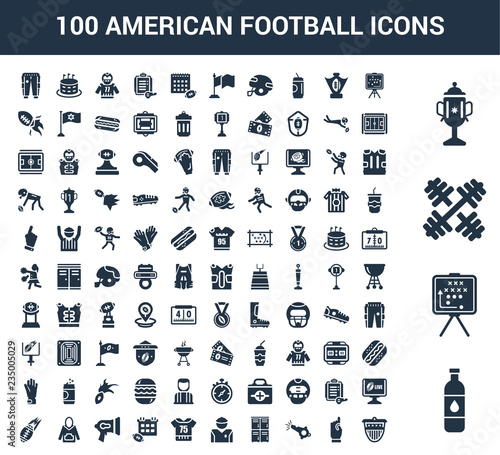 100 American Football universal icons set with Bottle of Water, Strategy, Barbell, Cup, Position, Foam Finger, Whistle, Lockers, Trainer, Jersey