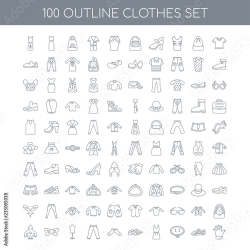 100 Clothes outline icons set such as Cotton Polo Shirt linear,