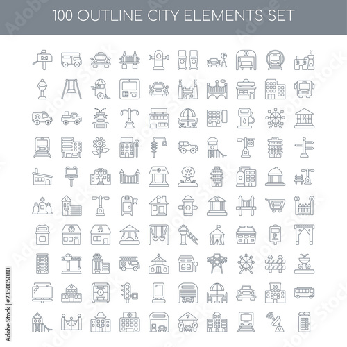 100 city elements outline icons set such as Factory linear, Ante