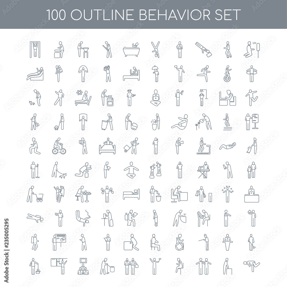 100 behavior outline icons set such as Man Welding linear, Old W