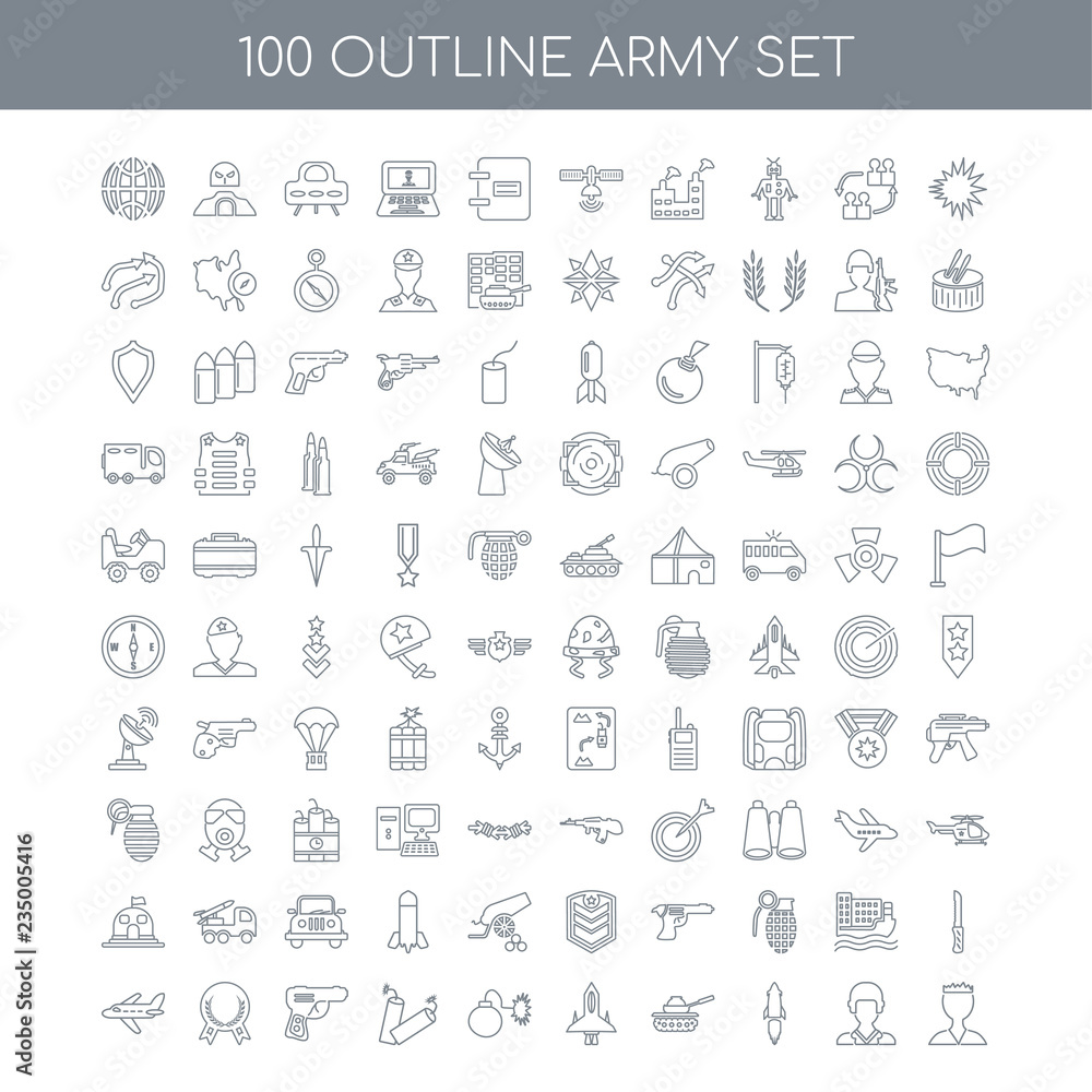 100 army outline icons set such as Explosion linear, Soldier Mis
