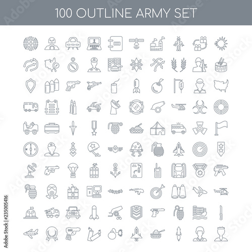 100 army outline icons set such as Explosion linear, Soldier Mis