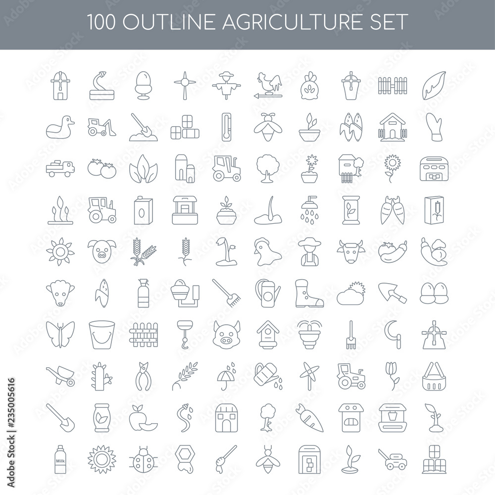 100 agriculture outline icons set such as Leaf linear, Lawn mowe