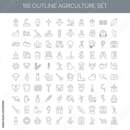 100 agriculture outline icons set such as Leaf linear, Lawn mowe