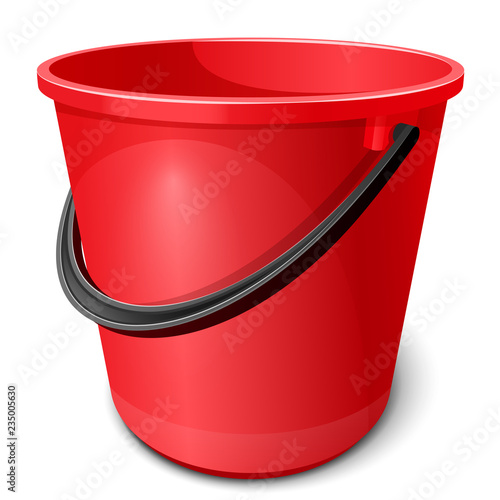 Red plastic empty bucket with black handle. Tank for storage and transfer of water, for cleaning and washing surfaces, cars. Isolated on white background. EPS10 vector illustration.