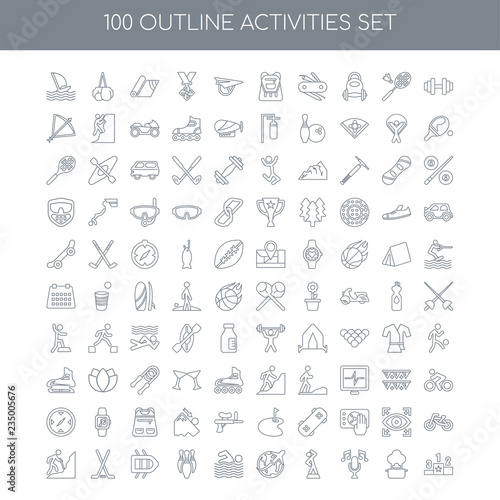 100 Activities outline icons set such as Gym linear, Cooking Sin