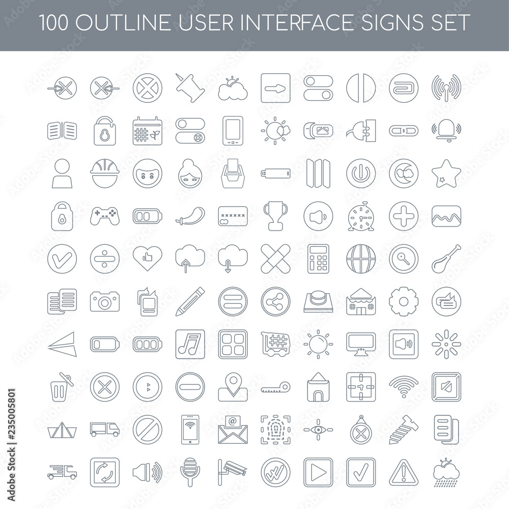 100 user interface signs outline icons set such as Wifi, Exclama 100 user interface signs outline icons set such as Wifi, Exclama