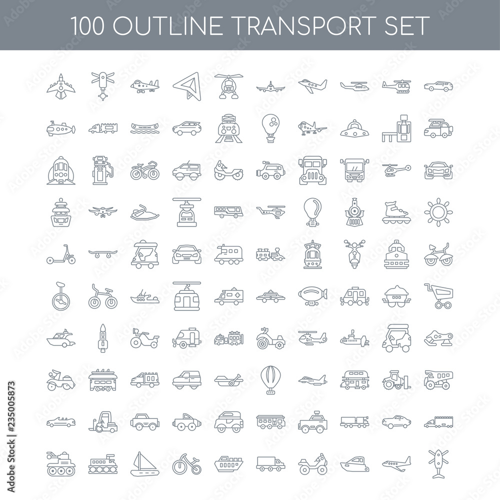 100 Transport outline icons set such as Car linear, Aeroplane Bo