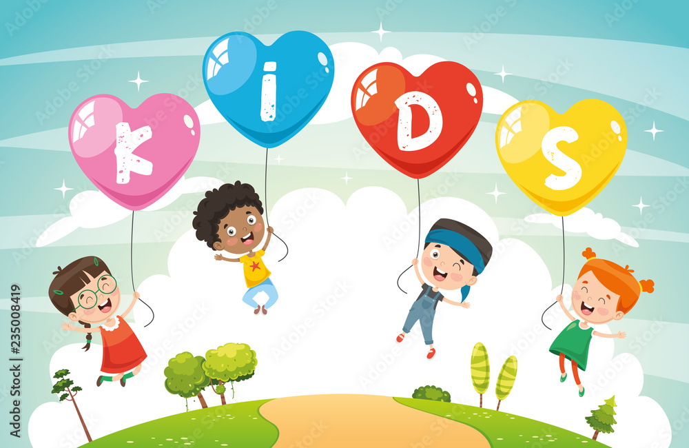 Vector Illustration Of Kids Flying With Balloons