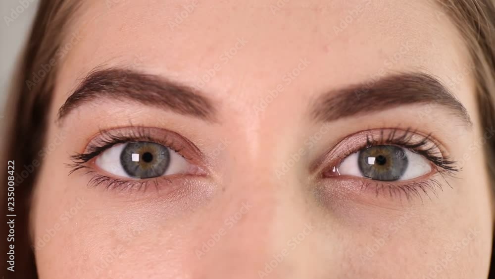Young woman opening eyes and looking at camera, closeup view
Young woman opening eyes and looking at camera, closeup view