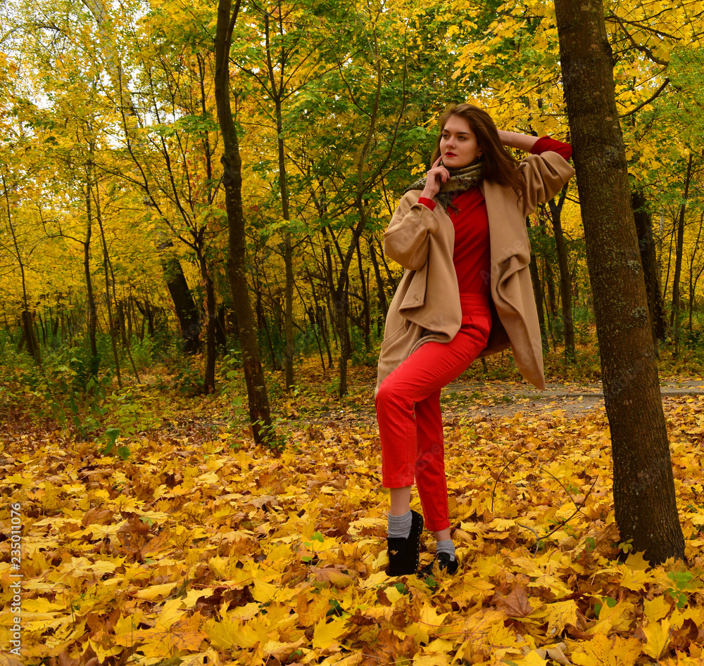 Young girl in red standing on yellow leaves in the Park in autumn. Young girl in red standing on yellow leaves in the Park in autumn.