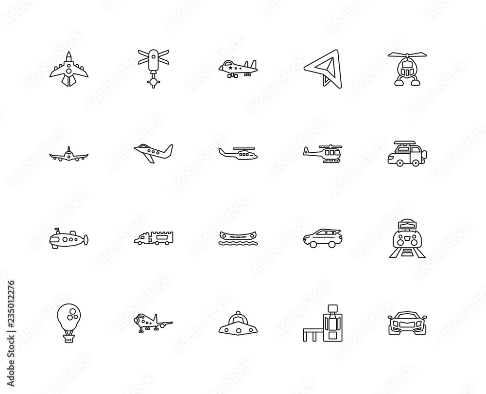 Collection of 20 Transport linear icons such as Sports car, Tick