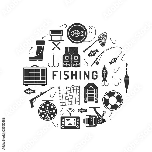 Set of Fishing icons in silhouette flat style isolated on white background.