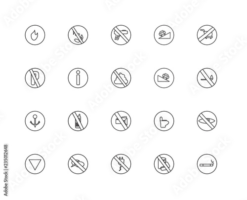 Collection of 20 traffic signs linear icons such as Port, No smo