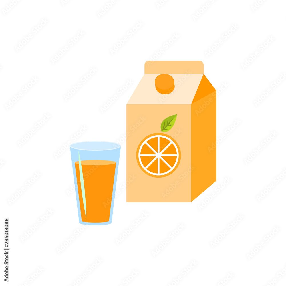 Orange juice in the glass and box package isolated on white vector illustration. Orange juice in the glass and box package isolated on white vector illustration.