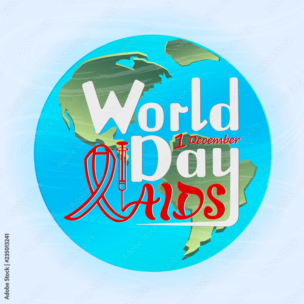 Vector illustration of handwritten inscription World AIDS Day, on a textured background for banner, postcard, logo, print with a syringe and ribbon awareness symbol.