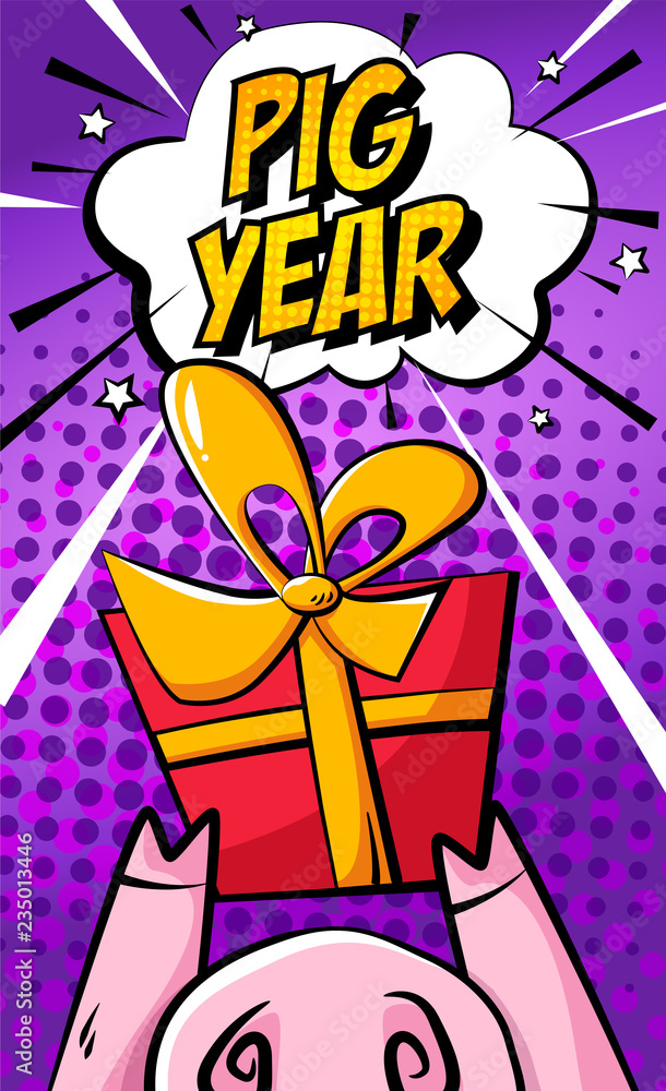 Happy Chinese New Year card with cartoon pig nose, gift and text cloud on purple background. Comics style. Vector banner. Happy Chinese New Year card with cartoon pig nose, gift and text cloud on purple background. Comics style. Vector banner.