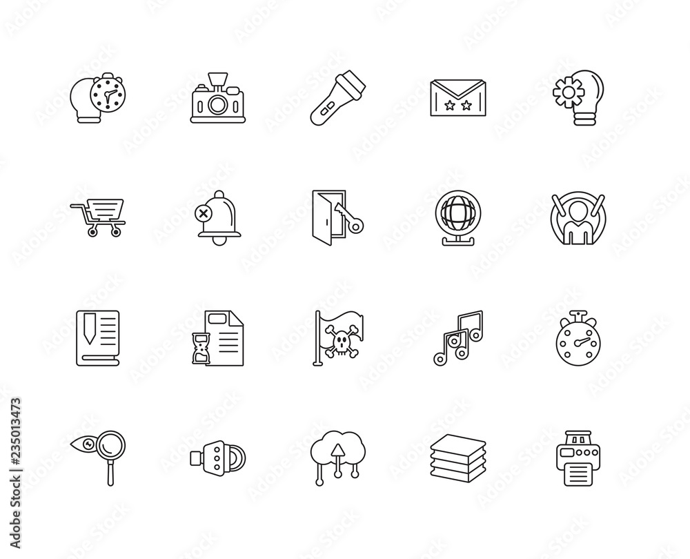 Collection of 20 settings linear icons such as Bookmark, Printer Collection of 20 settings linear icons such as Bookmark, Printer
