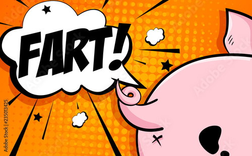 Comics card with cartoon pig butt, stars and text cloud on orange background. Vector banner.