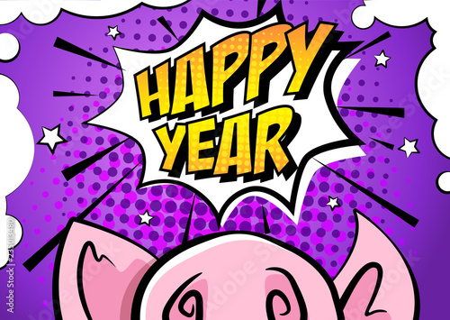 Greeting card with pig nose, stars and clouds on violet background. Comics style. Vector banner.