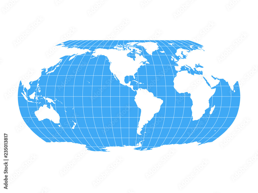 World Map in Robinson Projection with meridians and parallels grid. Americas centered. White land and blue sea. Vector illustration.