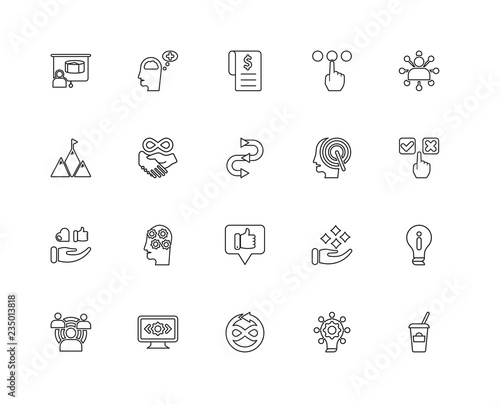 Collection of 20 Startup linear icons such as Reaction, Coffee b