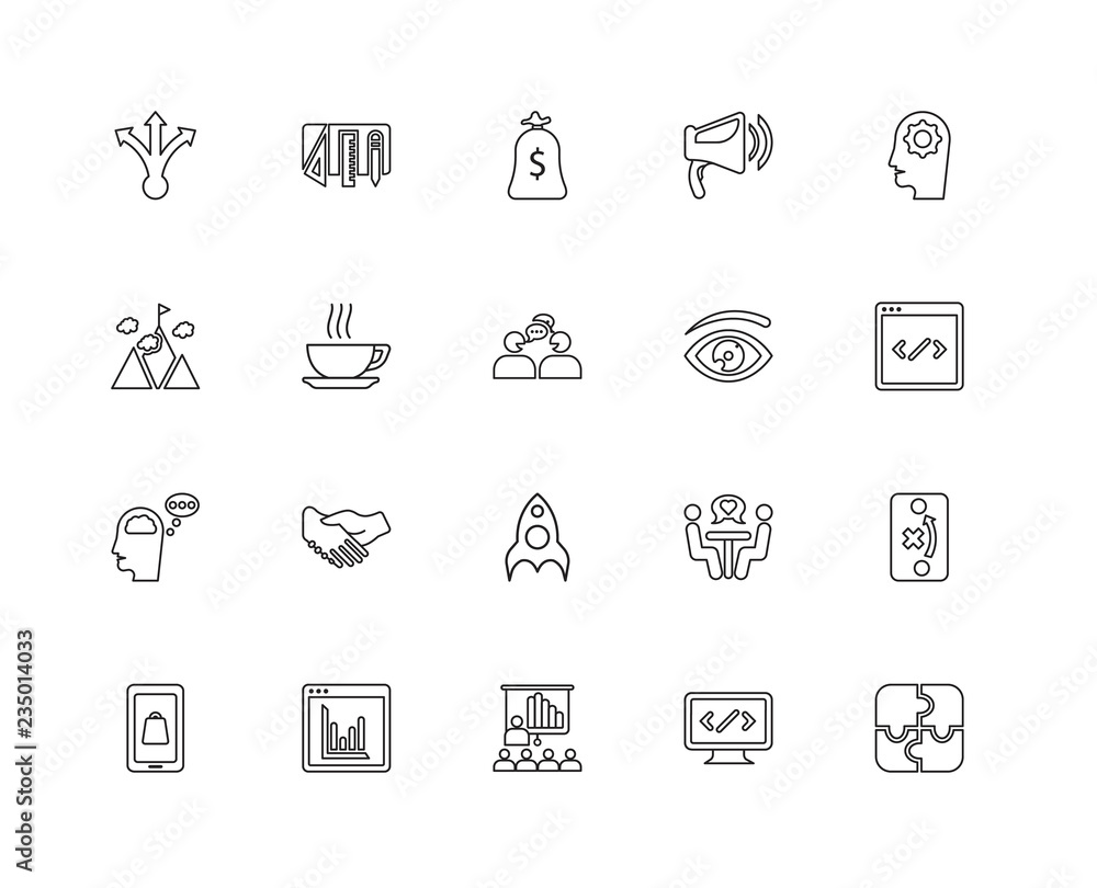 Collection of 20 Startup linear icons such as Thinking, Jigsaw, Collection of 20 Startup linear icons such as Thinking, Jigsaw,