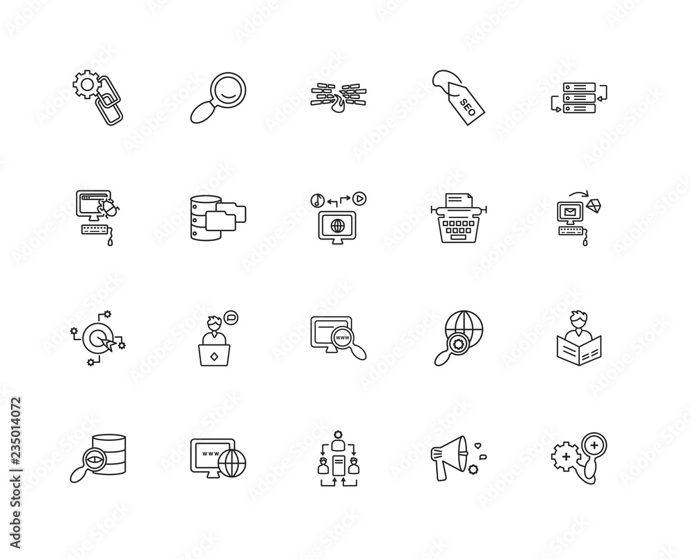 Collection of 20 SEO WEB linear icons such as Target, Seo, Megap Collection of 20 SEO WEB linear icons such as Target, Seo, Megap