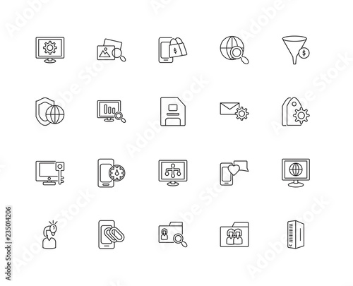 Collection of 20 SEO WEB linear icons such as Keywords, Server,