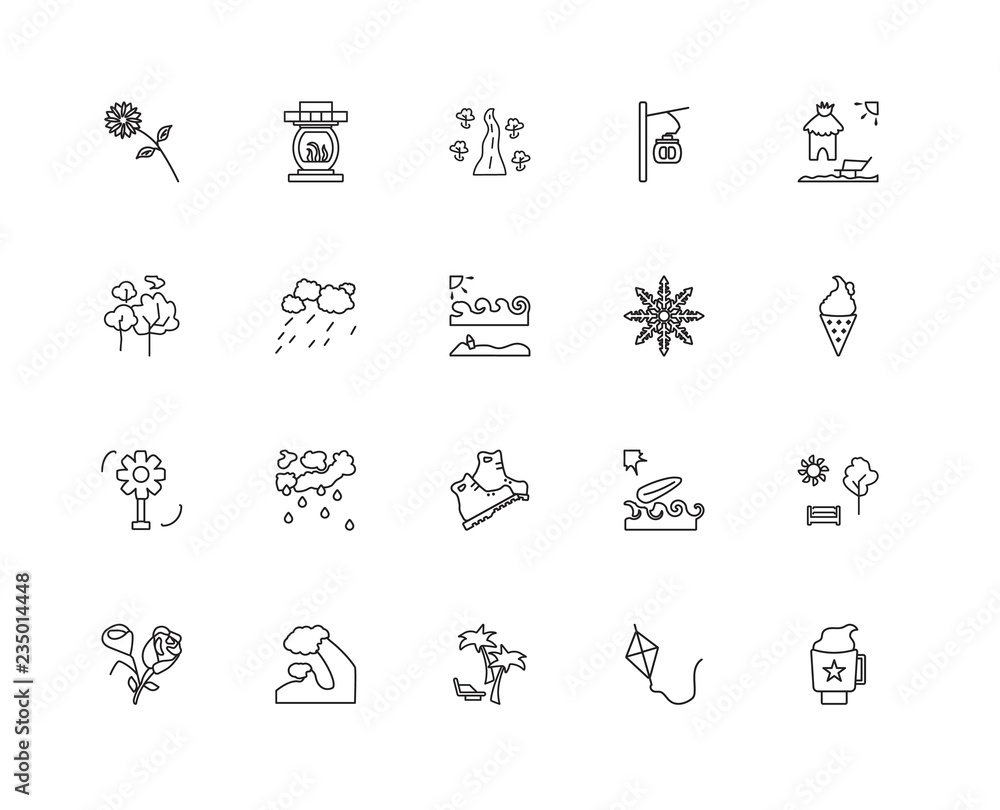 Collection of 20 Seasons linear icons such as Fan, Coffee cup, K Collection of 20 Seasons linear icons such as Fan, Coffee cup, K