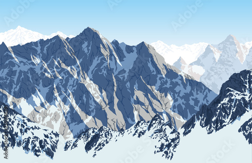 Vector Himalayan mountain Lhotse - south face view from Everest Base Camp Trek. Sagarmatha National Park, Nepal.