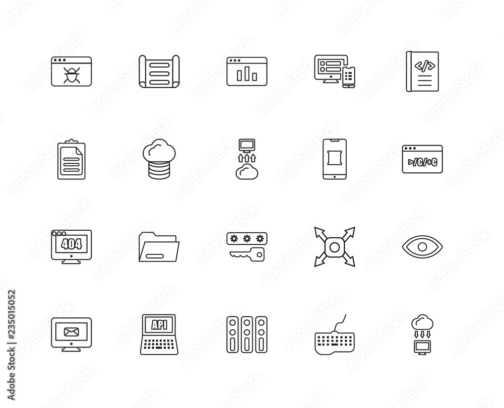 Collection of 20 programming linear icons such as Error 404, Clo