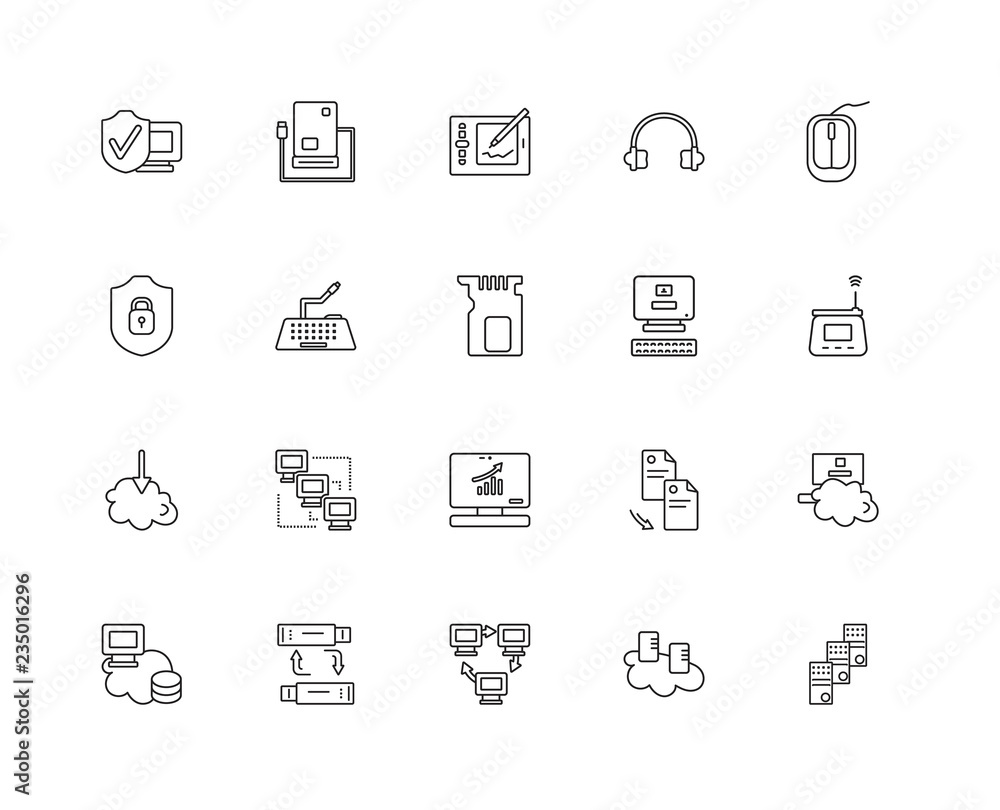Collection of 20 networking linear icons such as Download, Mainf