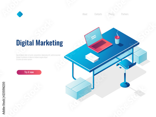 Digital marketing isometric concept employment, office workplace, workspace, table with open laptop, top