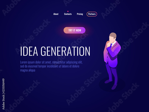 Man brooding isometric icon, male thinking, generating ideas, entrepreneur, businessman, brainstorm dark neon vector