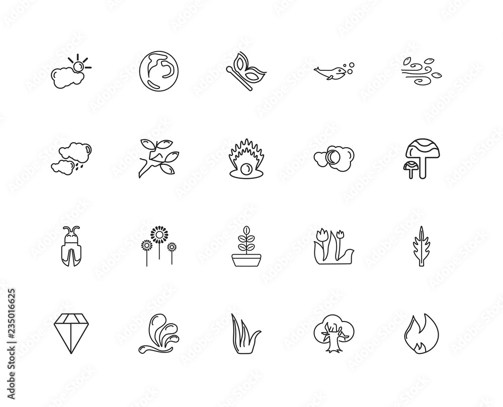 Collection of 20 Nature linear icons such as Bug, Fire, Tree, Wa
