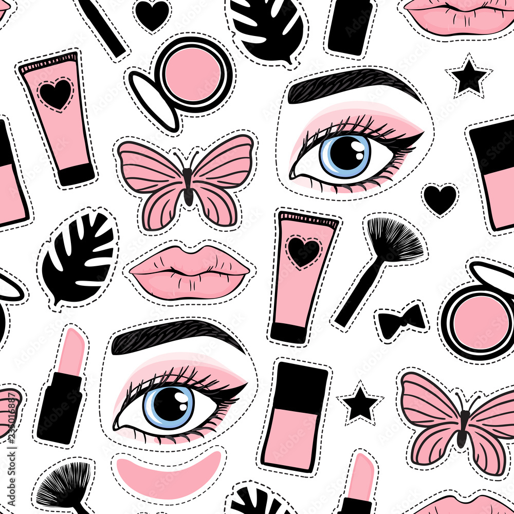 cute girly cosmetics and kawaii stuff graphic element sticker illustration  vector on sweet pastel pink grid pattern background 10788773 Vector Art at  Vecteezy