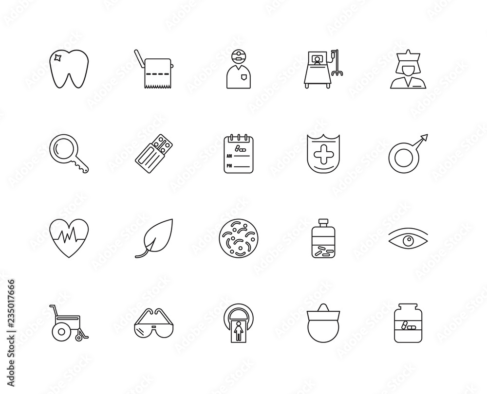 Collection of 20 medical linear icons such as Lifeline, Jar, Hat Collection of 20 medical linear icons such as Lifeline, Jar, Hat