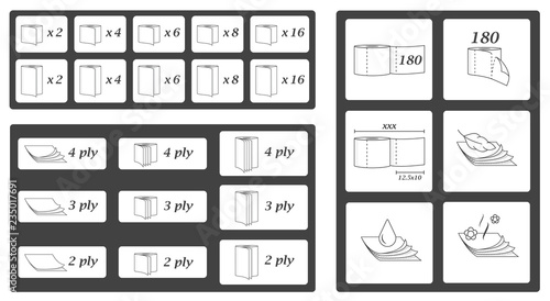 Toilet paper parameters icons and symbols set. Vector illustration pack.