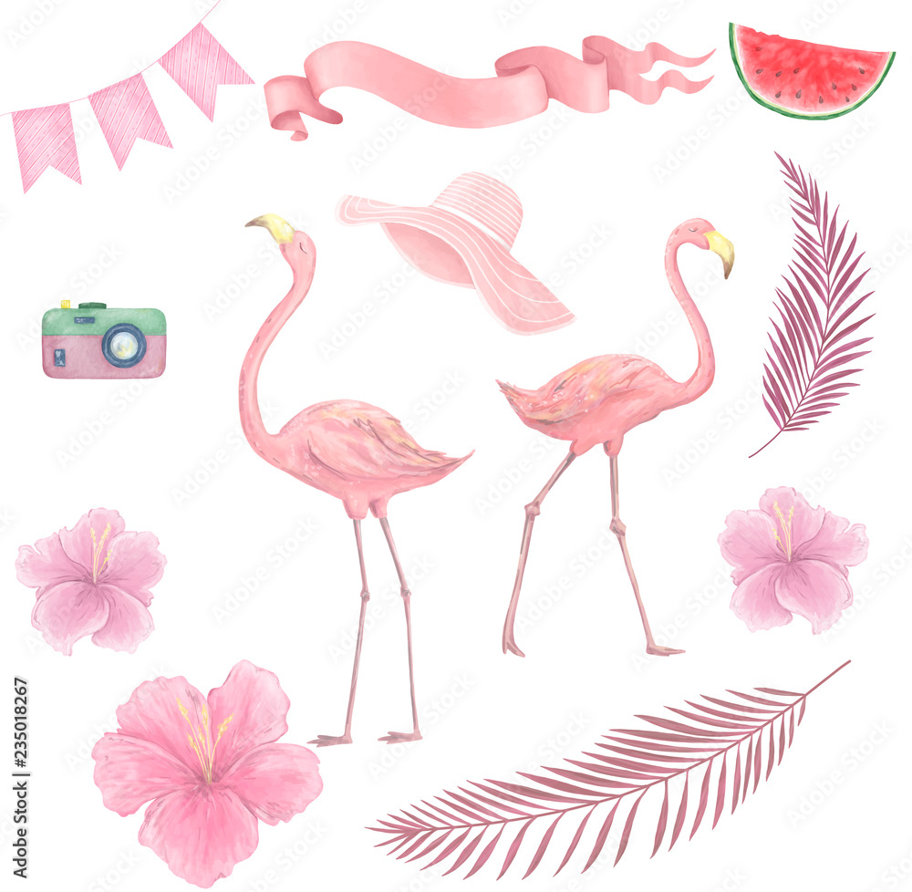 Obraz premium Hand drawn watercolor tropical birds set of flamingo. Exotic rose bird illustrations, jungle tree, brazil trendy art. Perfect for fabric design. White background