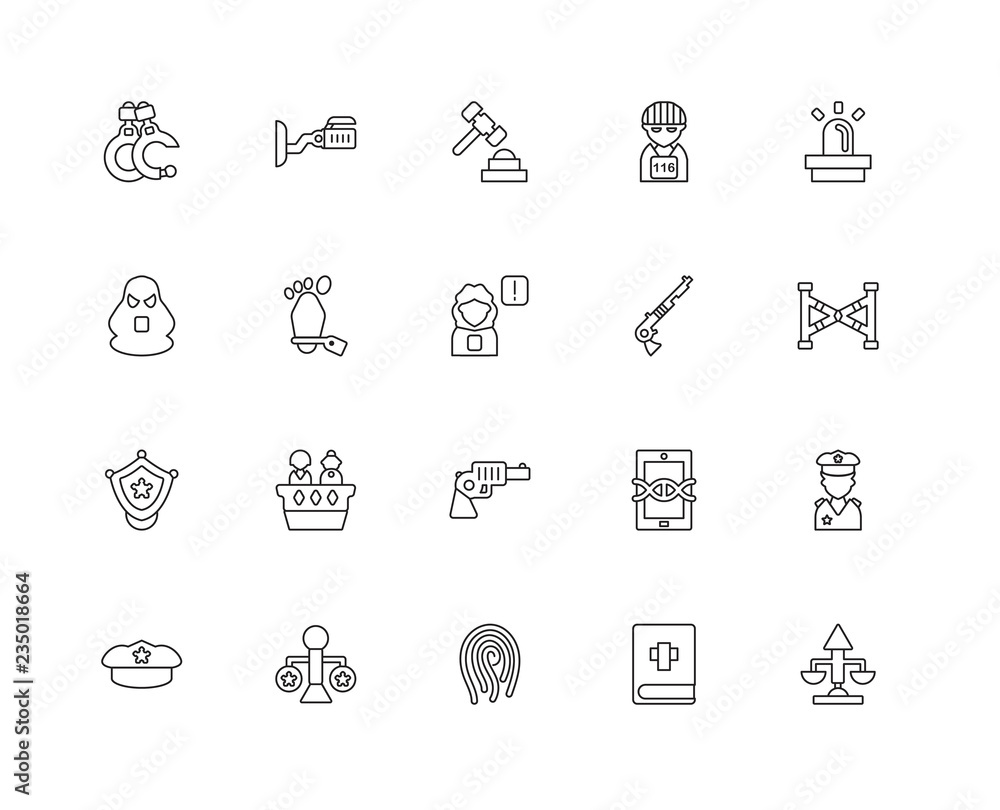 Collection of 20 law and justice linear icons such as Police bad Collection of 20 law and justice linear icons such as Police bad