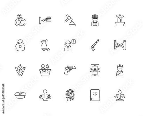Collection of 20 law and justice linear icons such as Police bad