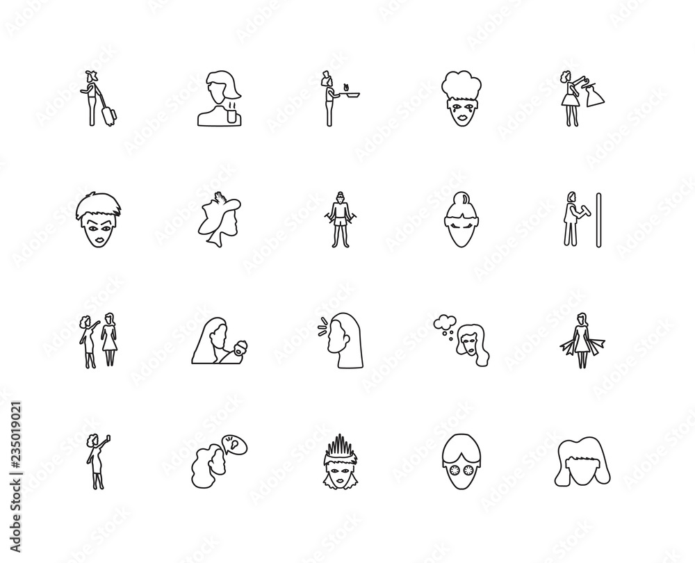Collection of 20 Ladies linear icons such as Women Stressed, Tre Collection of 20 Ladies linear icons such as Women Stressed, Tre