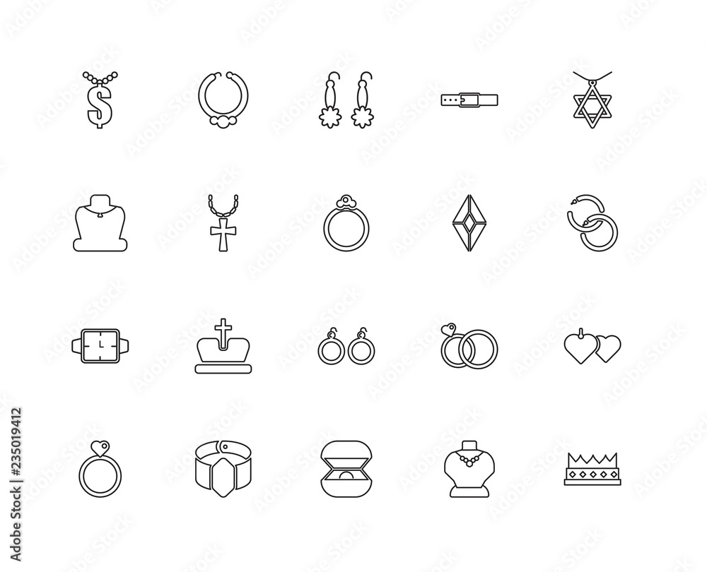 Collection of 20 jewelry linear icons such as Watch, Crown, Neck