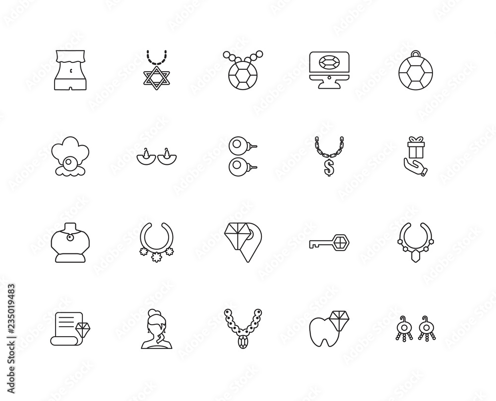 Fototapeta premium Collection of 20 jewelry linear icons such as Pendant, Earrings,